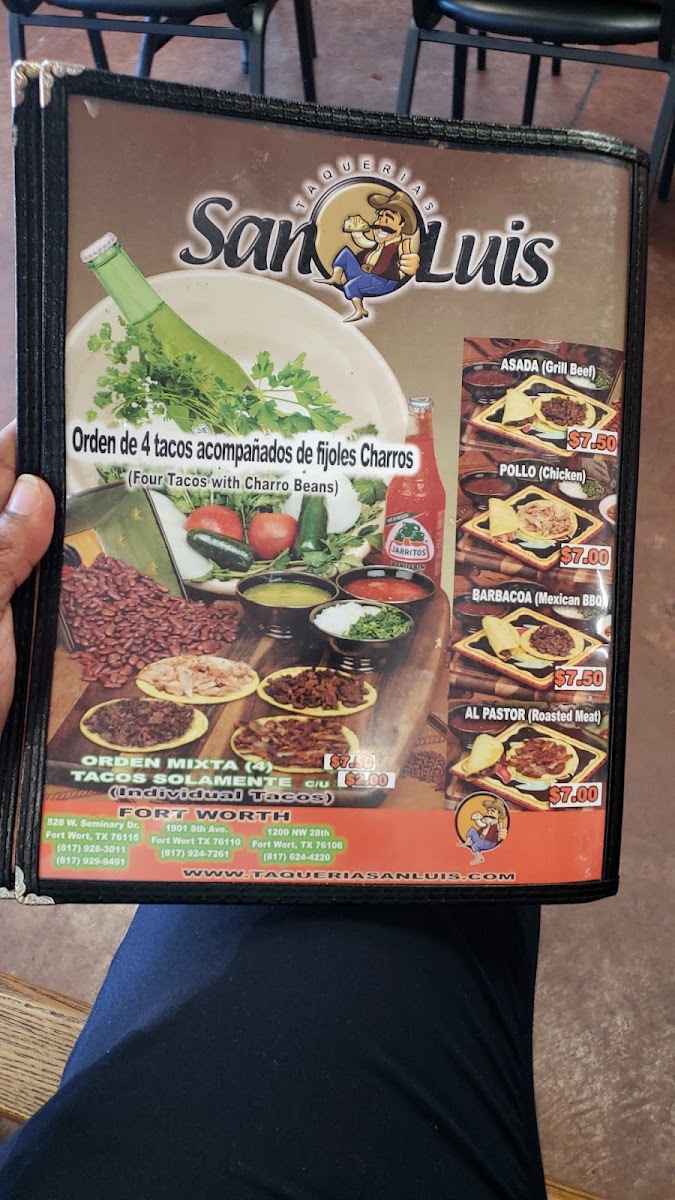 Taqueria San Luis menu board