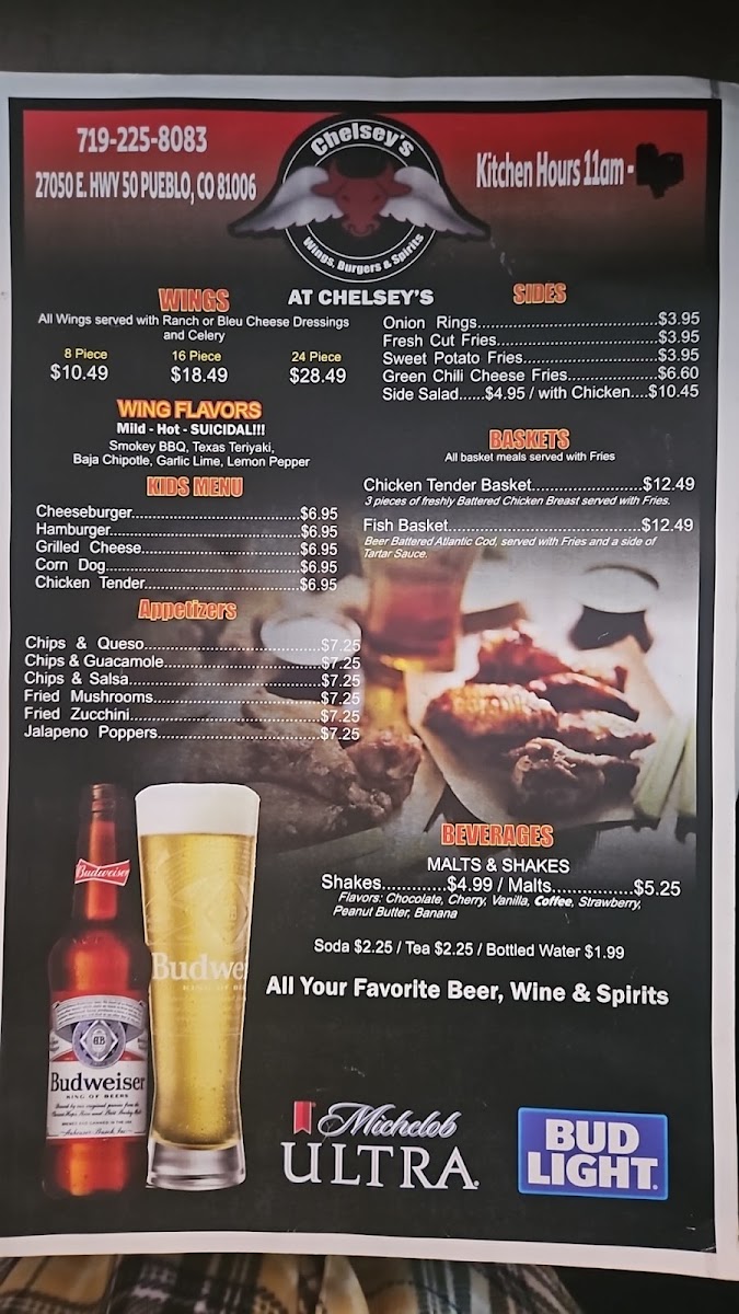 Chelsey's on the Mesa menu board