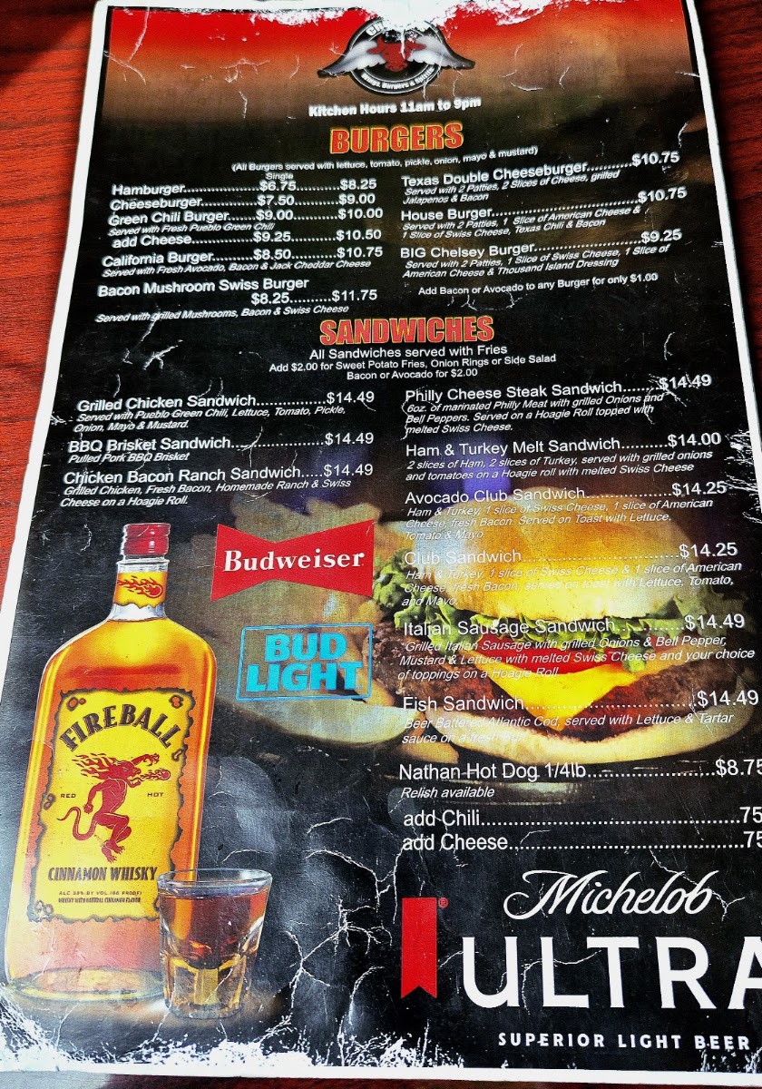 Chelsey's on the Mesa menu board
