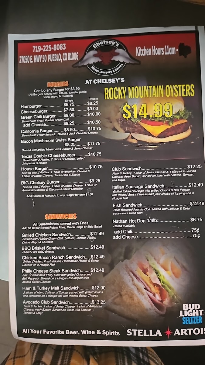 Chelsey's on the Mesa menu board