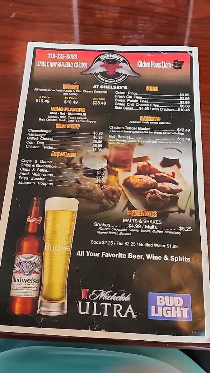 Chelsey's on the Mesa menu board