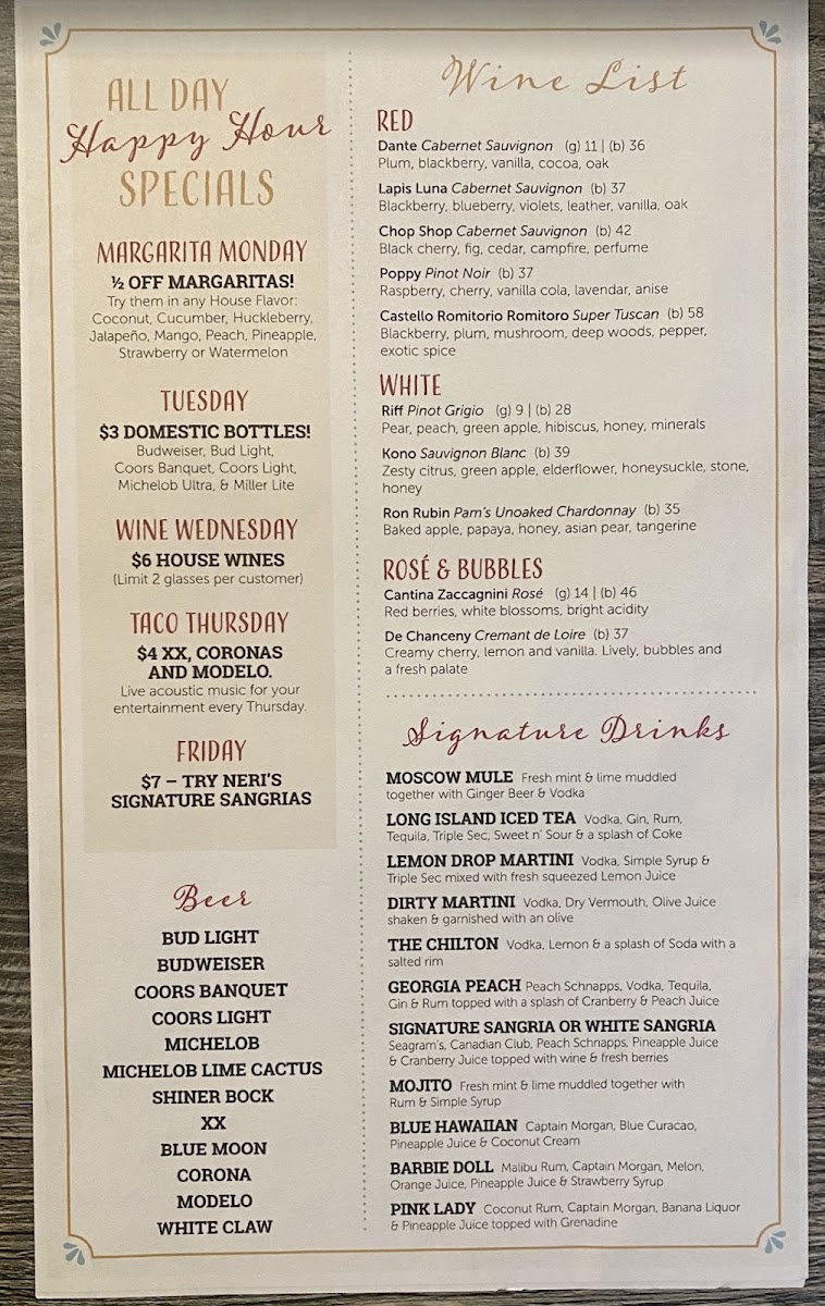 Neri's on the Square menu board
