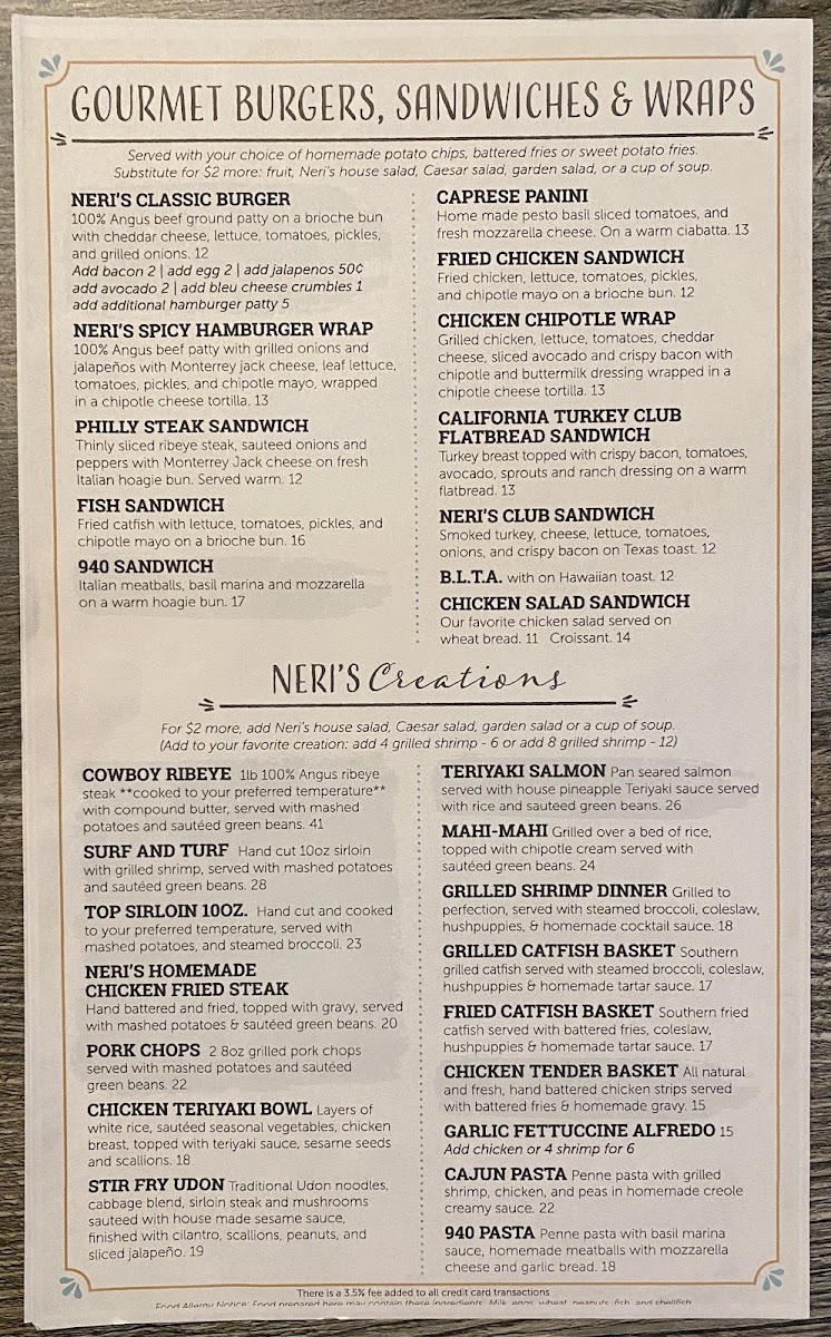 Neri's on the Square menu board