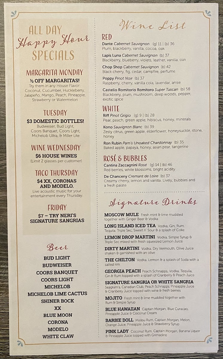 Neri's on the Square menu board