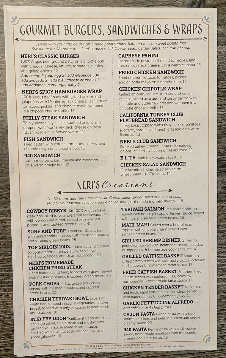 Neri's on the Square menu board