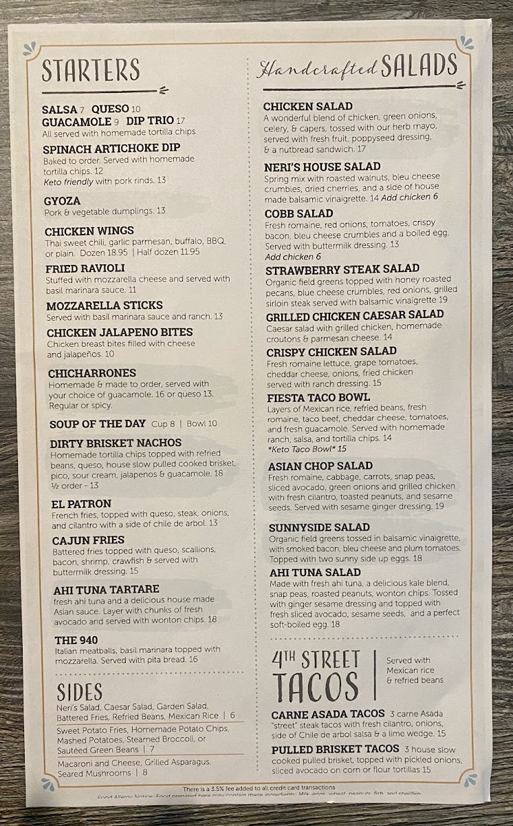 Neri's on the Square menu board