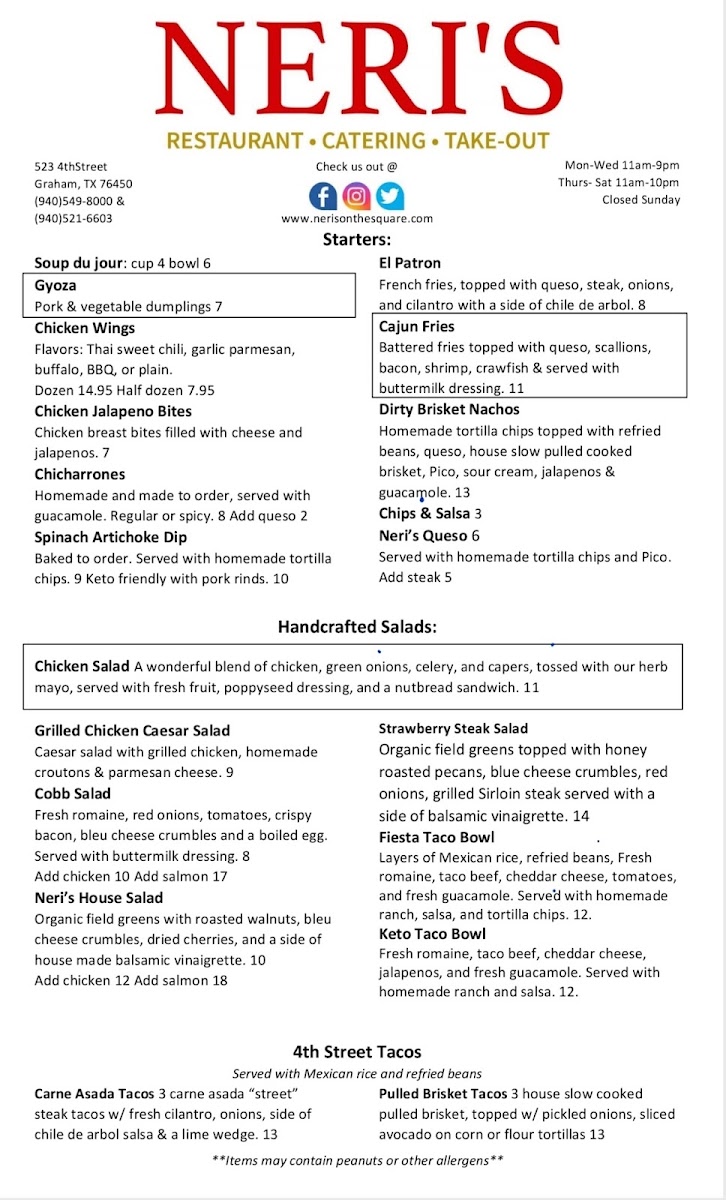 Neri's on the Square menu board