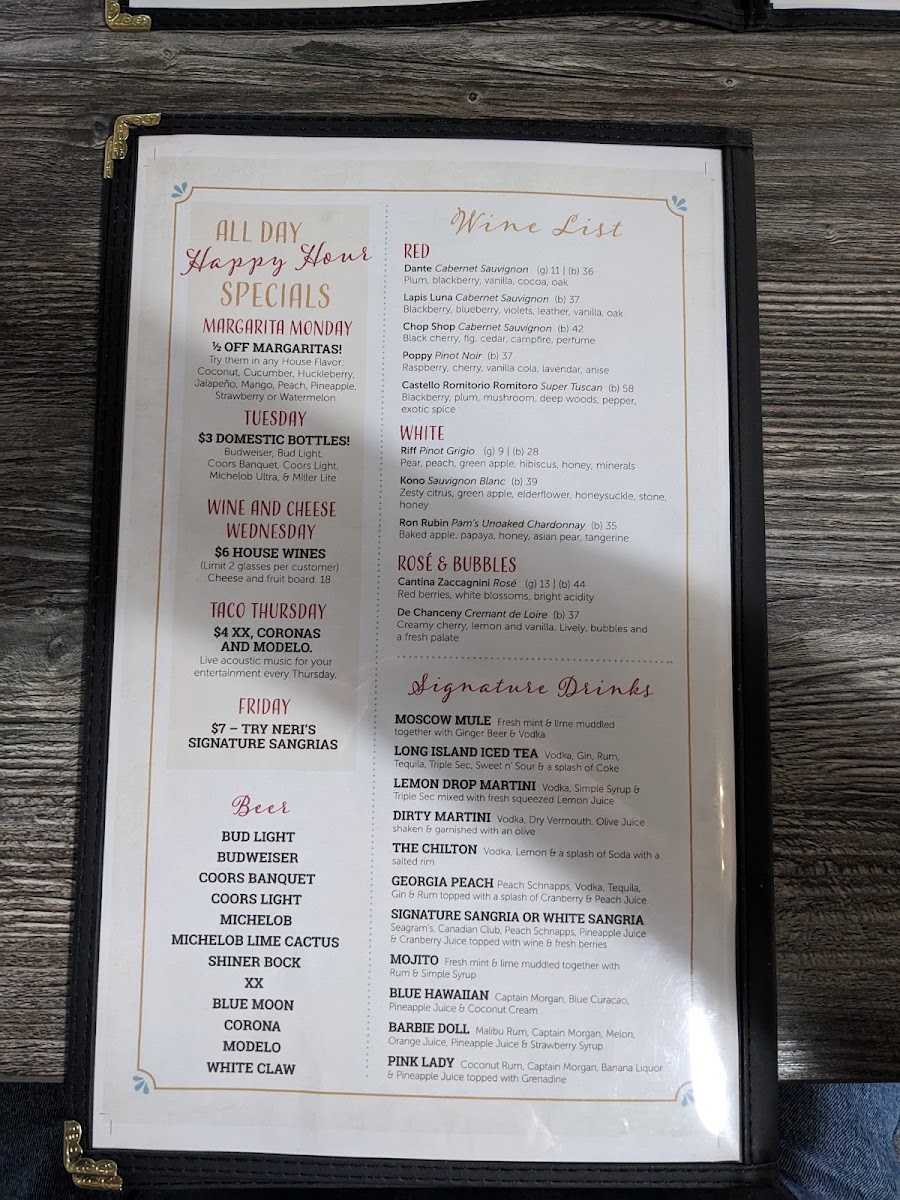 Neri's on the Square menu board