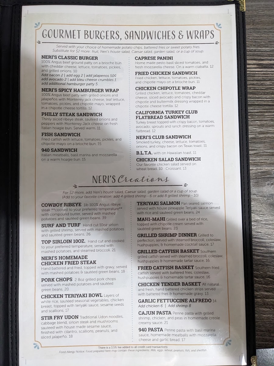 Neri's on the Square menu board