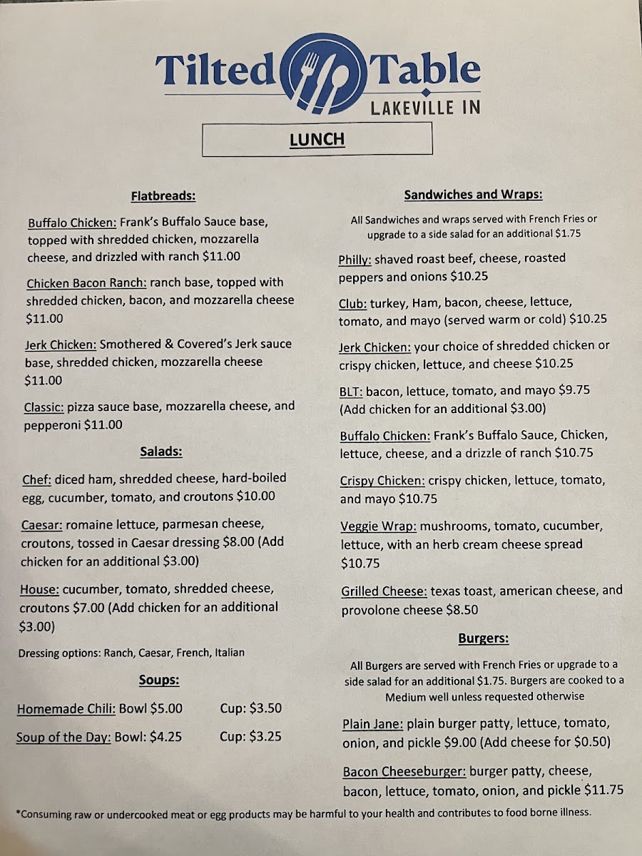 Tilted Table Lakeville menu board