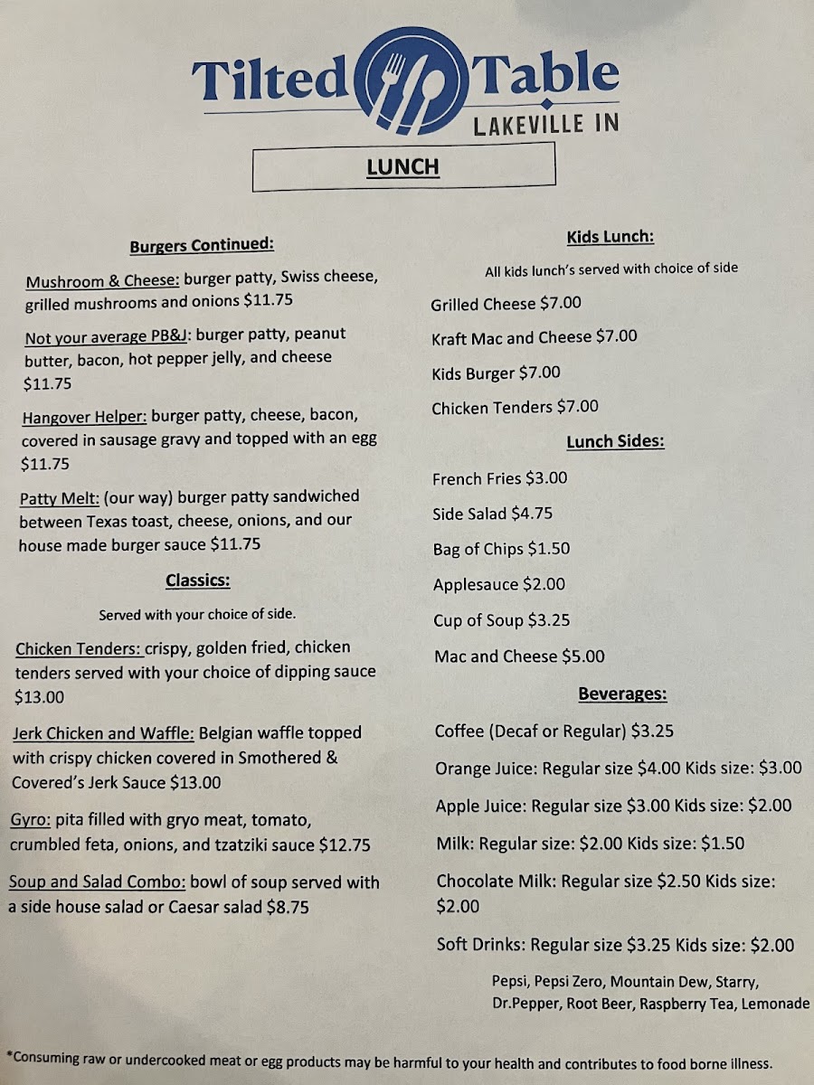 Tilted Table Lakeville menu board