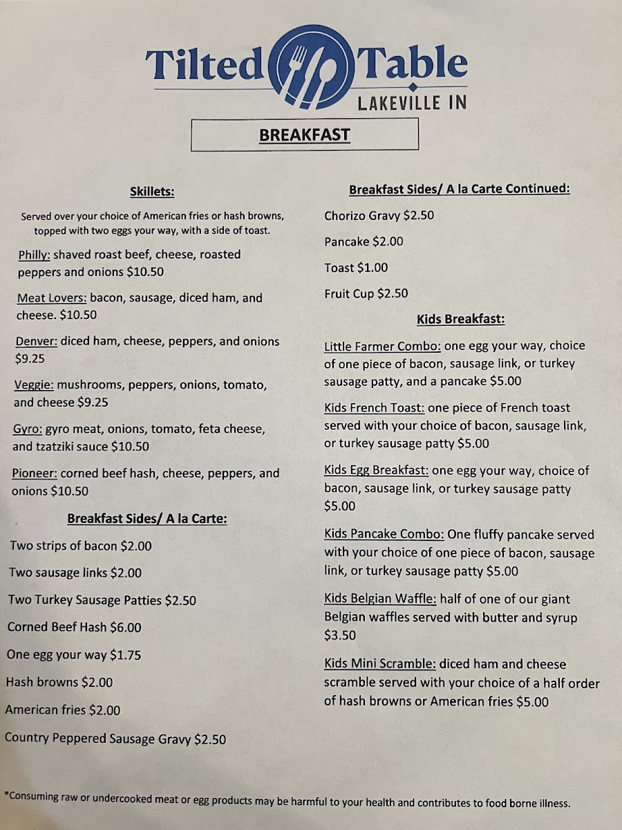 Tilted Table Lakeville menu board
