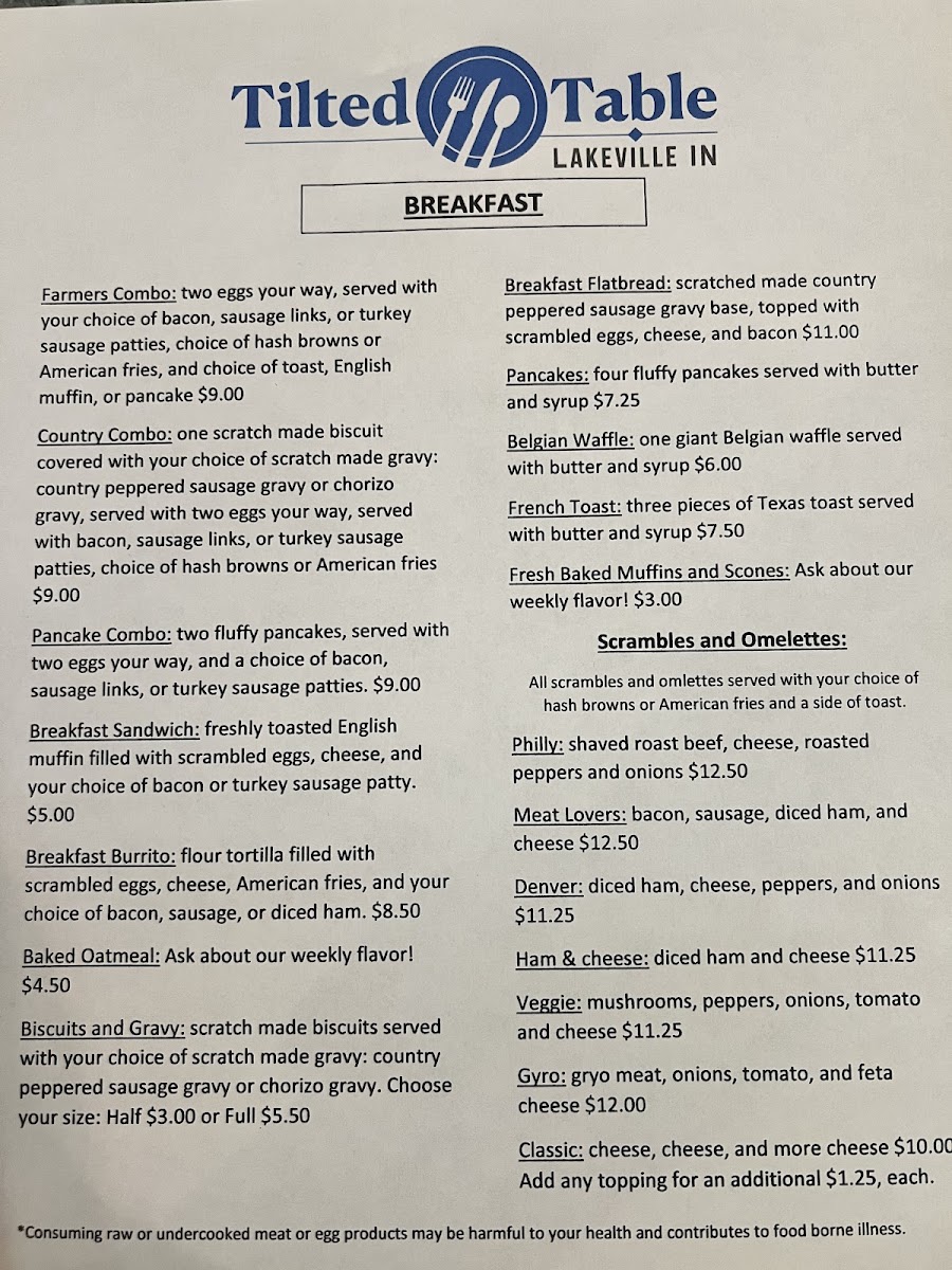 Tilted Table Lakeville menu board