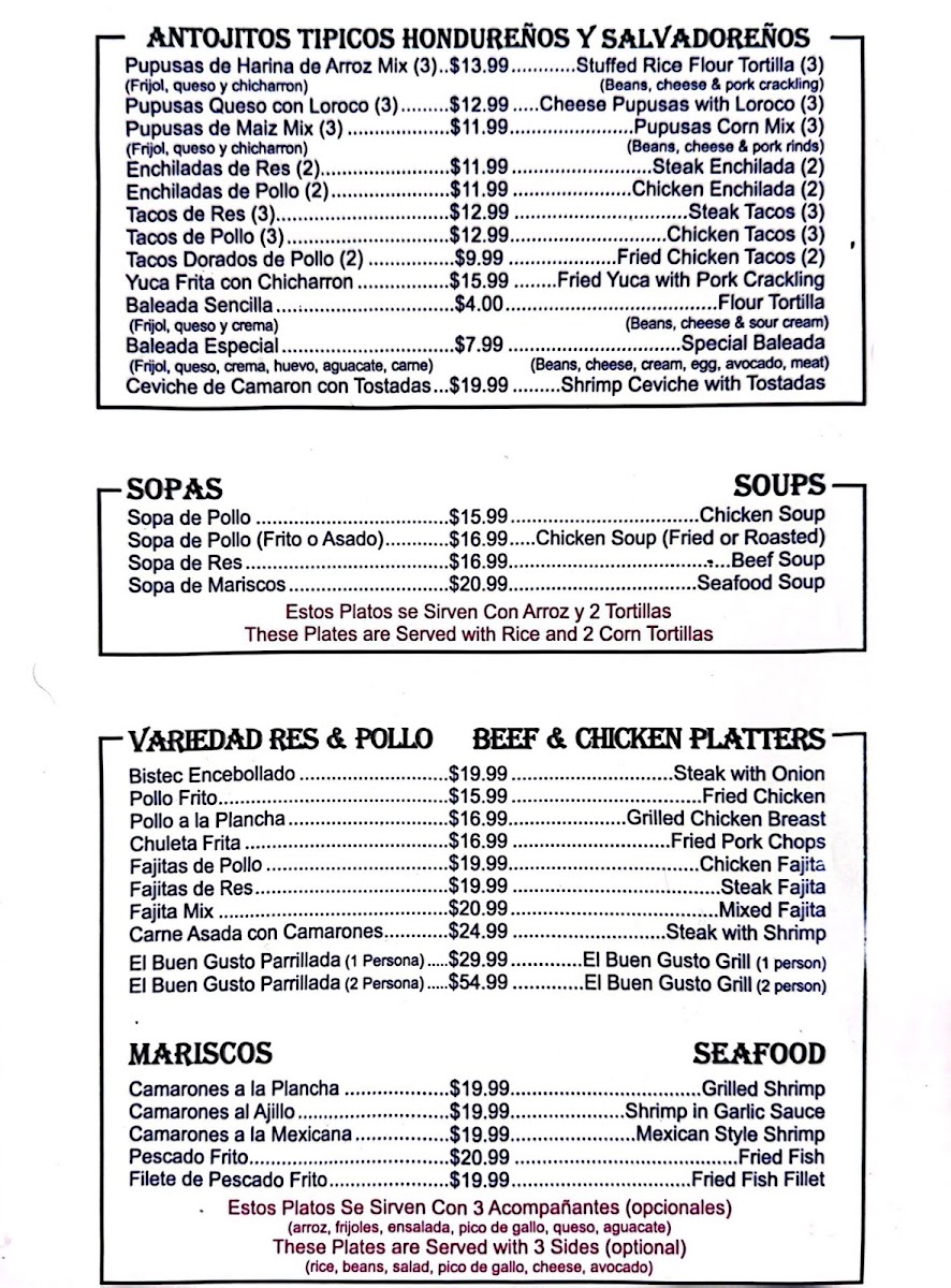 Restaurant Pupuseria El Buen Gusto menu board