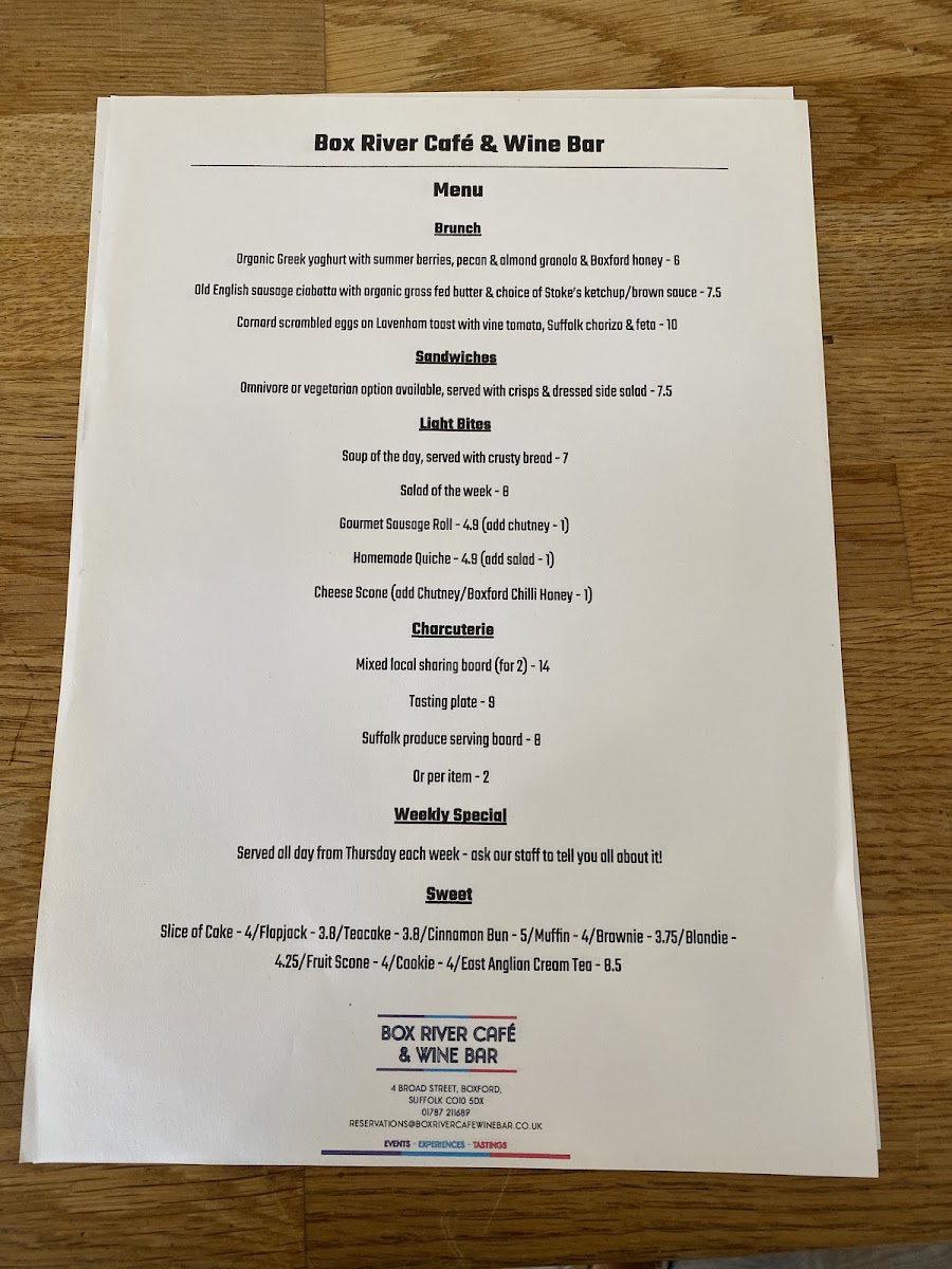 Box River Café & Wine Bar menu board