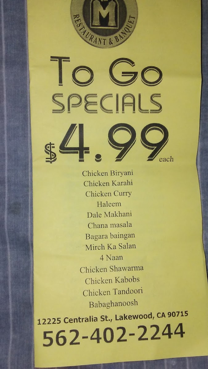 Mehfil Restaurant | Indian • Mediterranean menu board