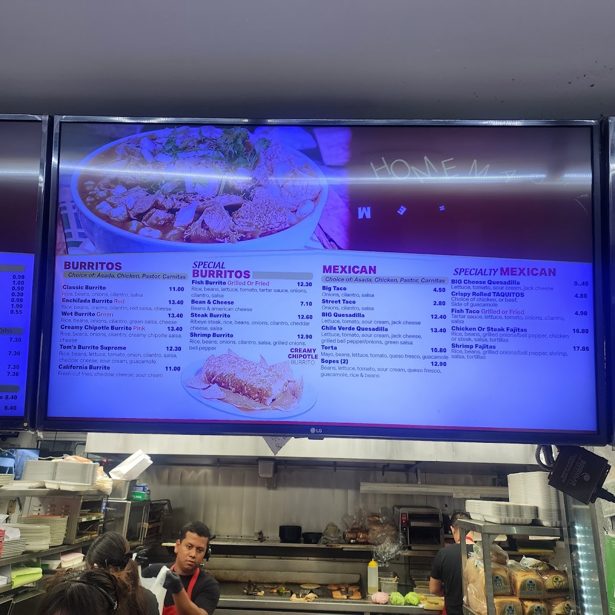 Tom's #1 World Famous Chili Burgers menu board