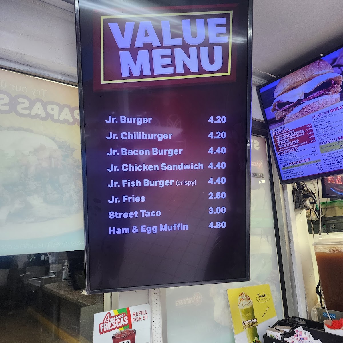 Tom's #1 World Famous Chili Burgers menu board