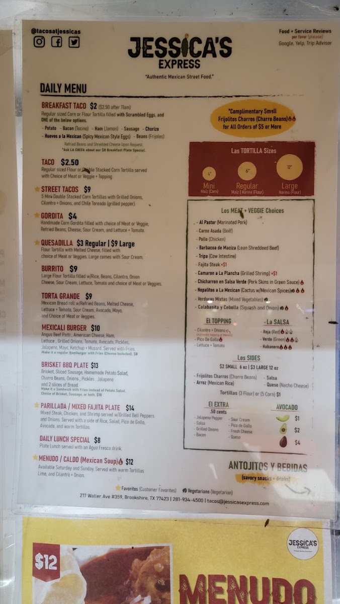 Taqueria Y Refresqueria menu board