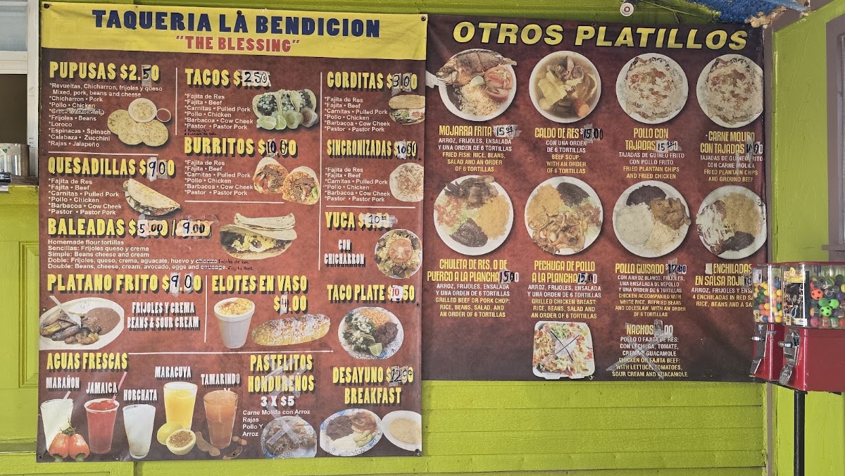 Tacos Y Pupusas menu board