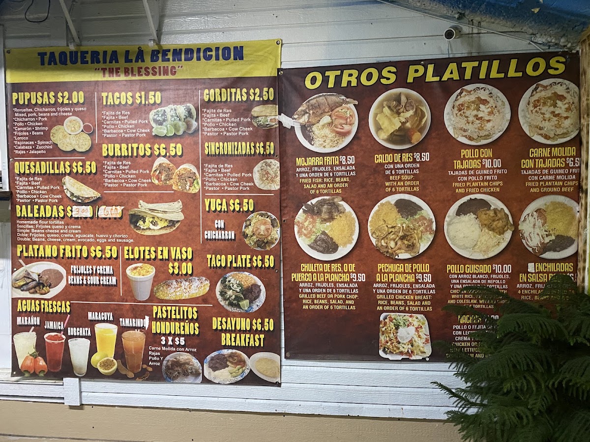 Tacos Y Pupusas menu board