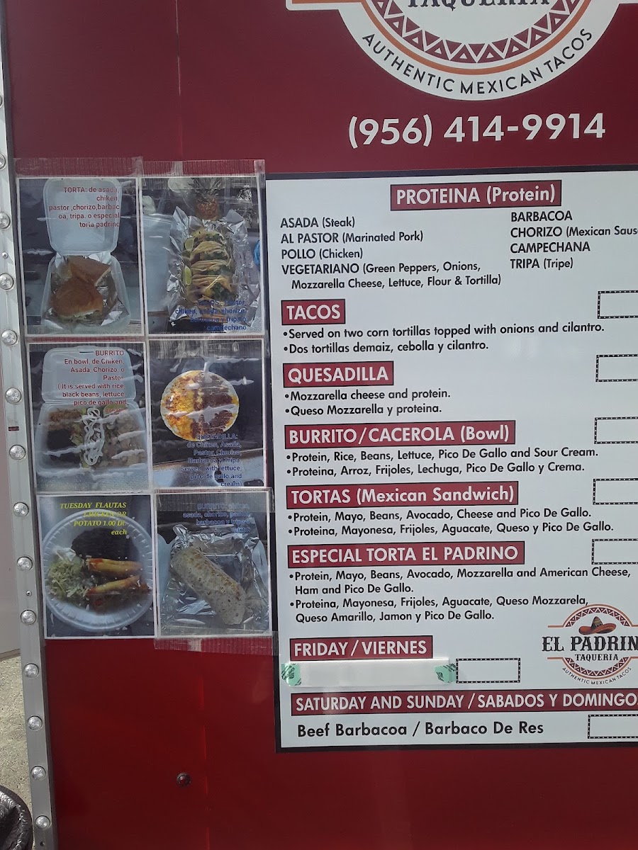 El Padrino Taqueria menu board
