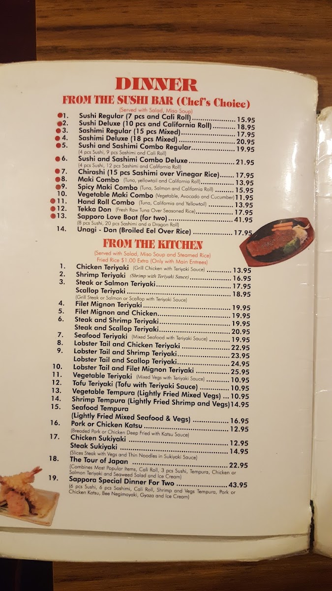 Sapporo Japanese Steak House menu board