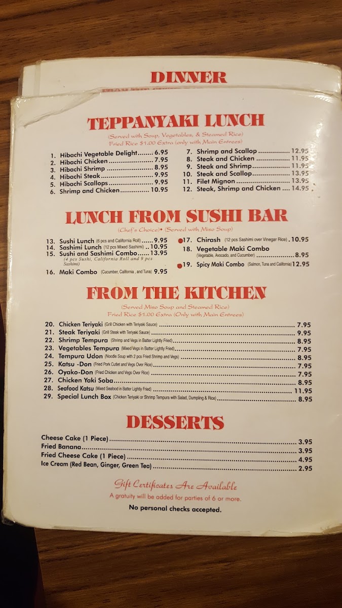 Sapporo Japanese Steak House menu board