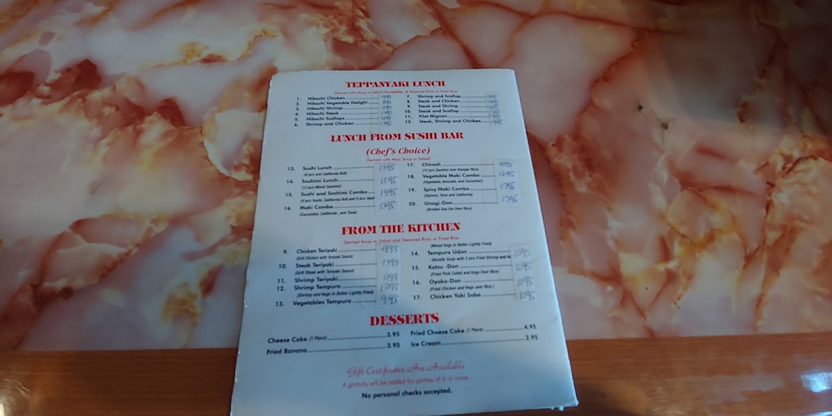 Sapporo Japanese Steak House menu board