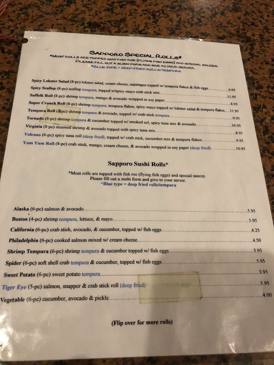 Sapporo Japanese Steak House menu board