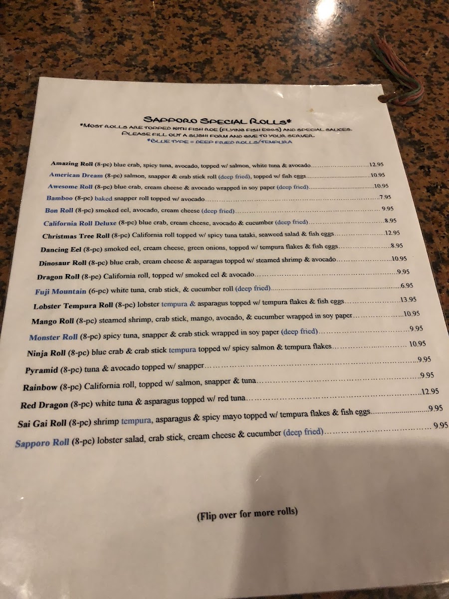 Sapporo Japanese Steak House menu board