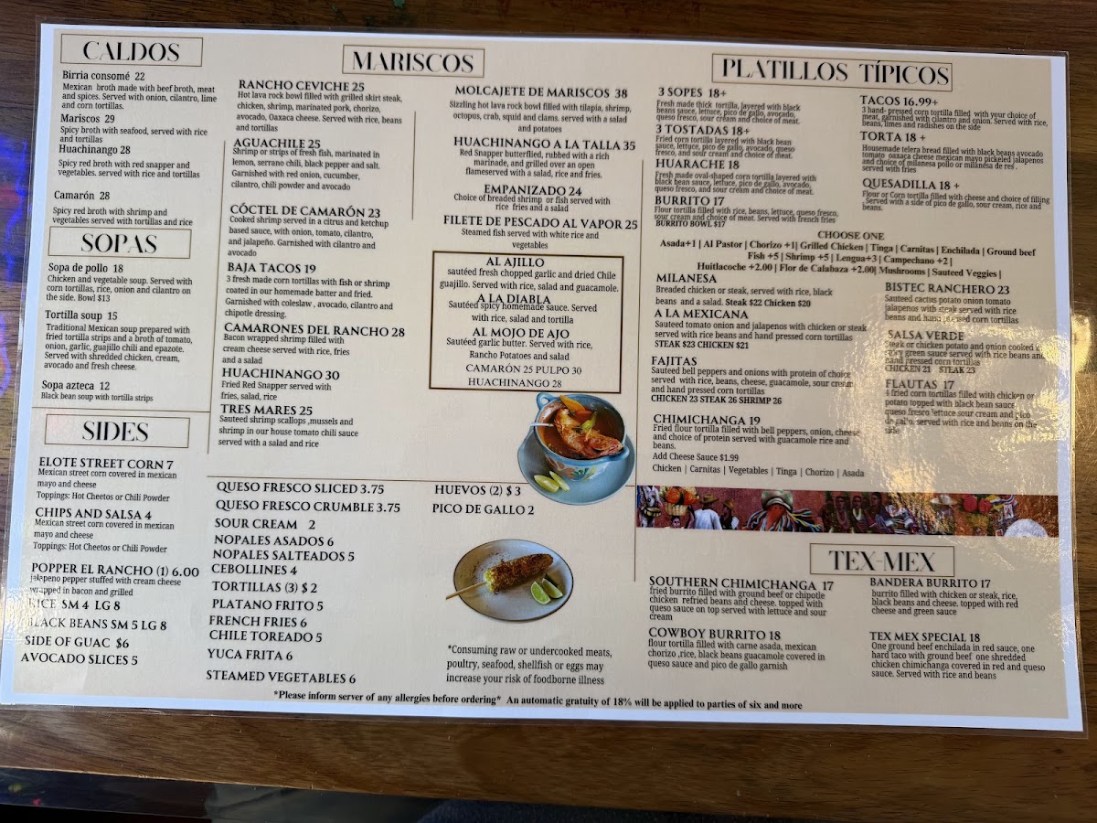 El Rancho Bar&Grill menu board