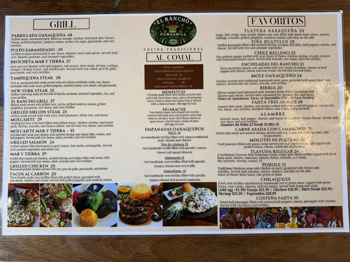 El Rancho Bar&Grill menu board