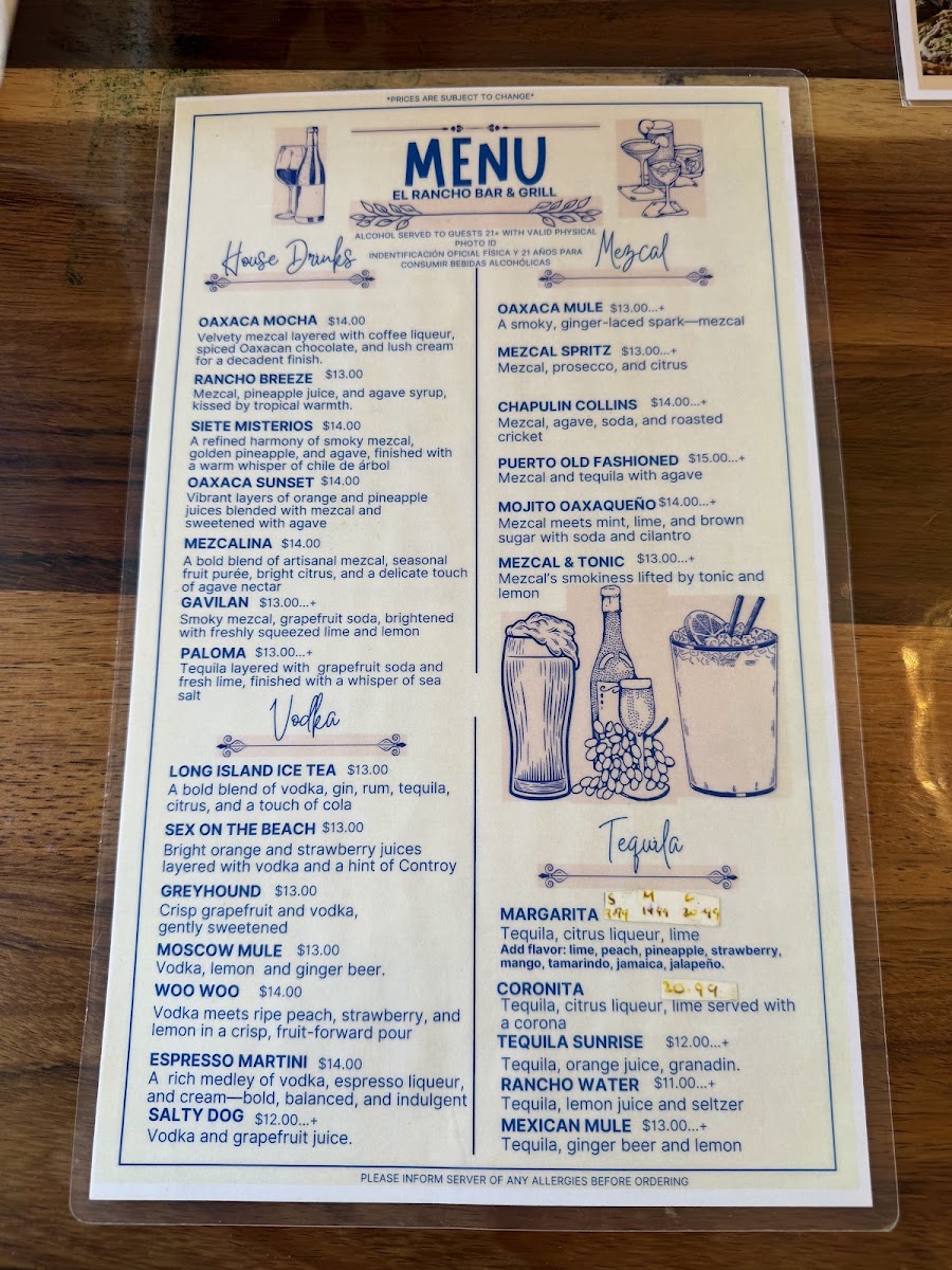El Rancho Bar&Grill menu board