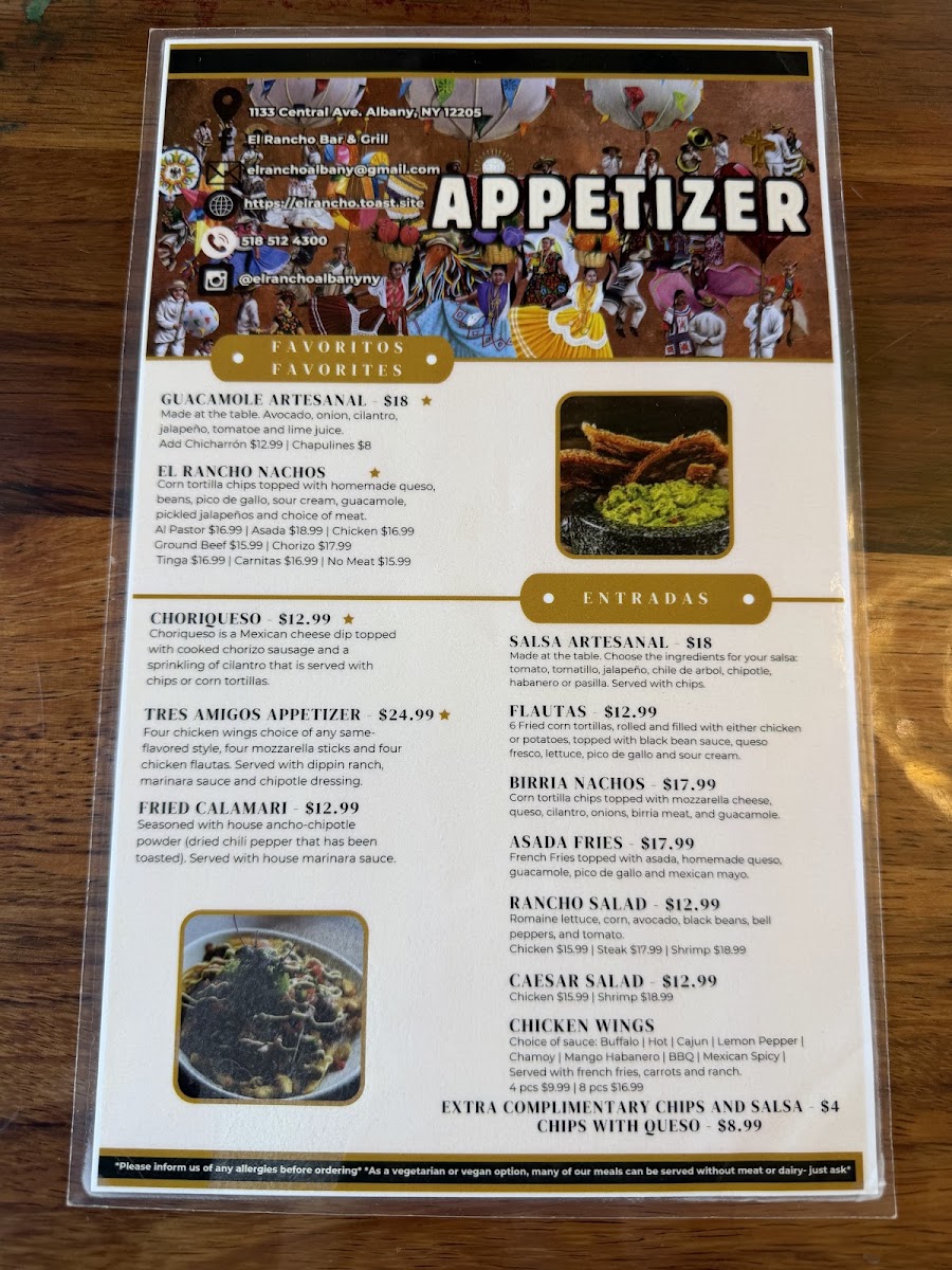 El Rancho Bar&Grill menu board