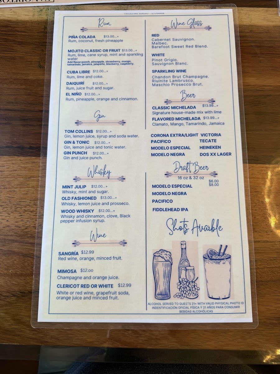 El Rancho Bar&Grill menu board