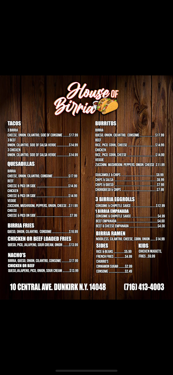 House of Birria menu board