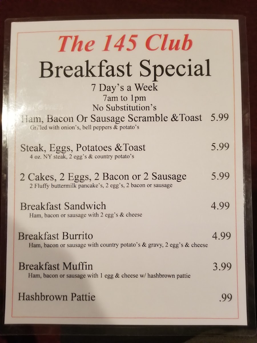 1-4-5 Club Steakhouse & Lounge menu board