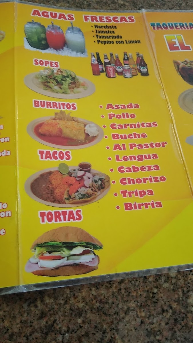 Tacos Y Mariscos El Primo menu board