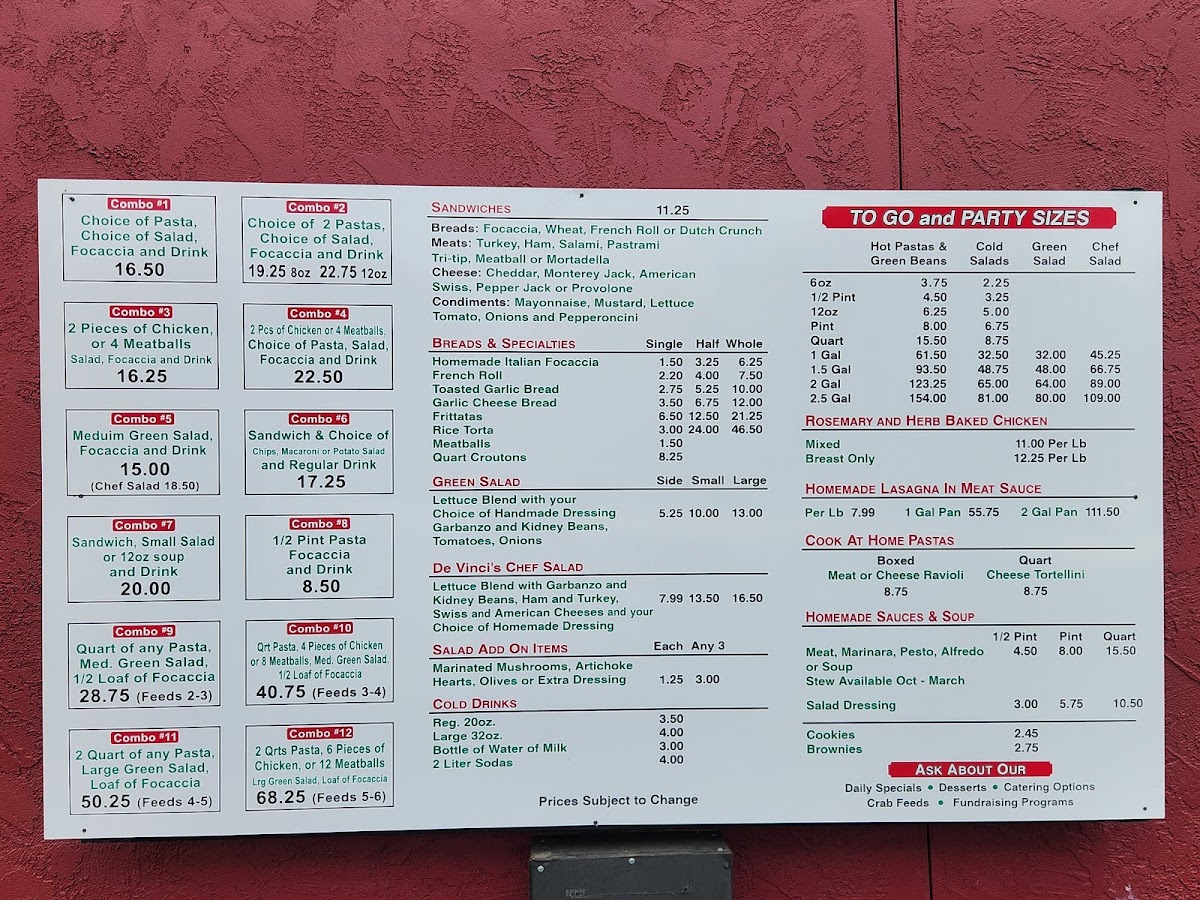 De Vinci's Delicatessen & Catering menu board