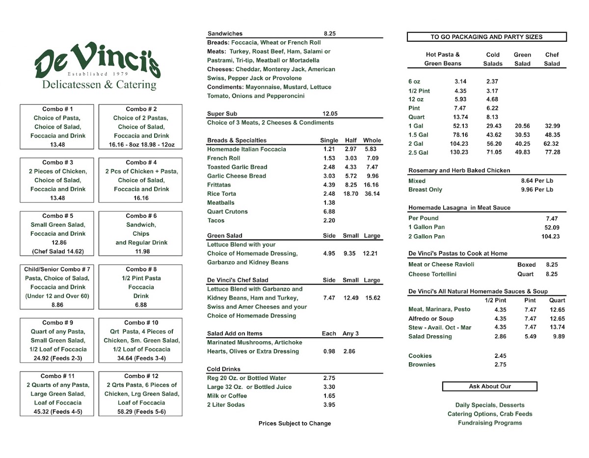 De Vinci's Delicatessen & Catering menu board