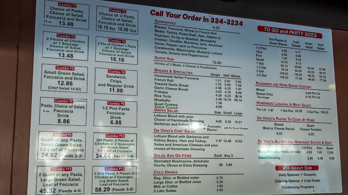 De Vinci's Delicatessen & Catering menu board