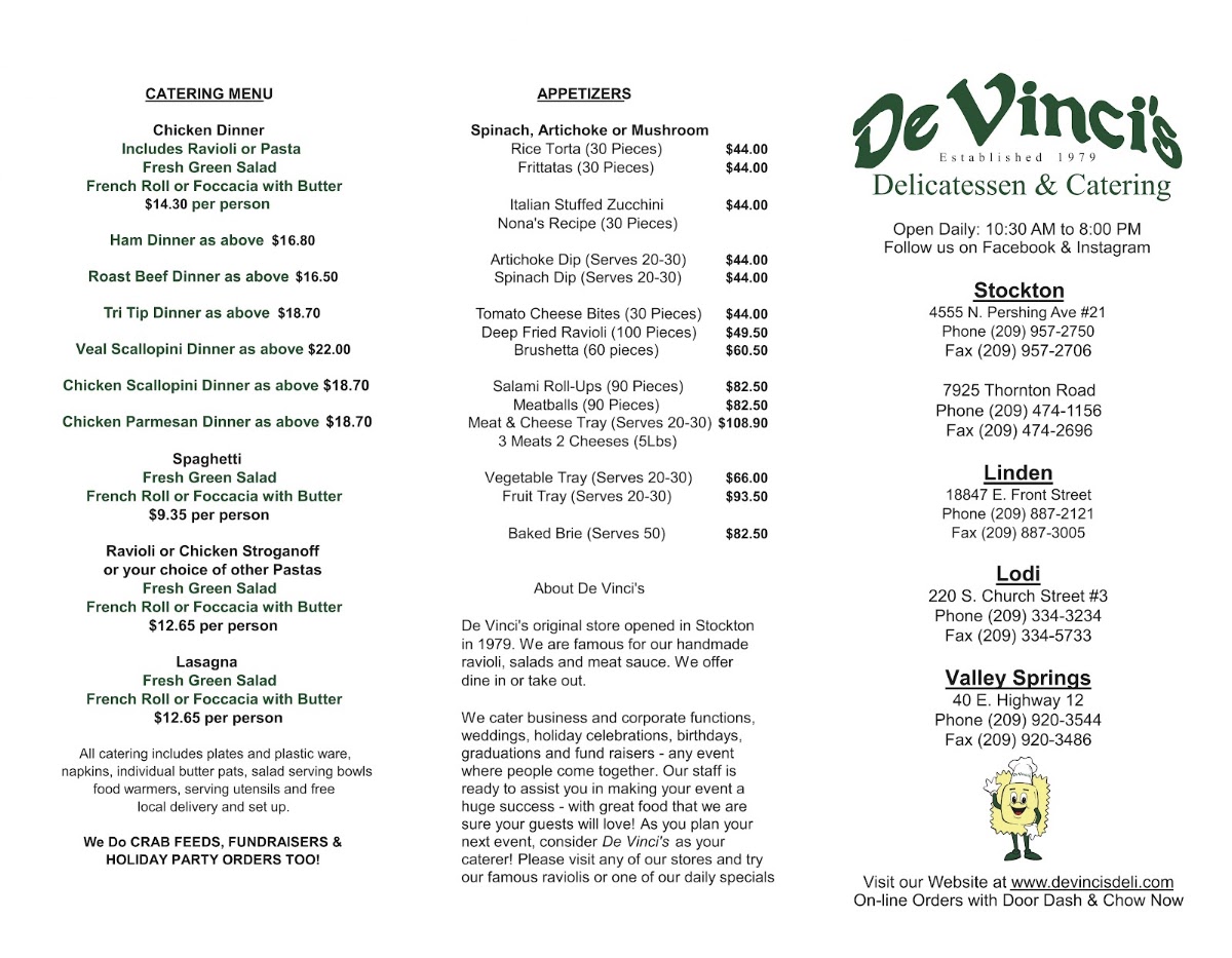 De Vinci's Delicatessen & Catering menu board