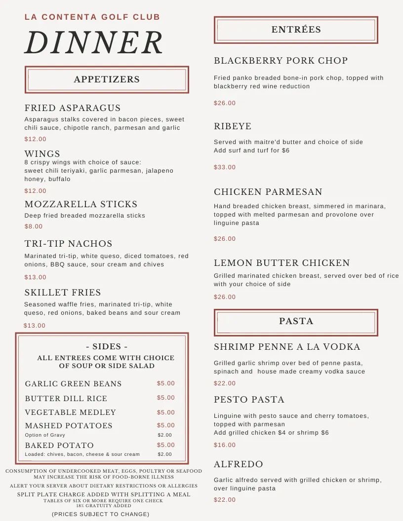 Vista Grill At La Contenta menu board