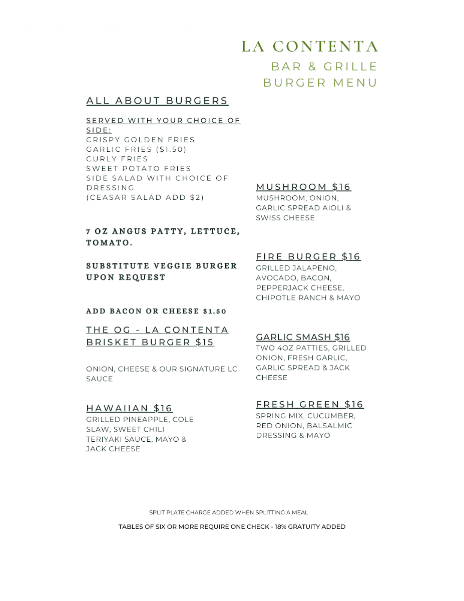 Vista Grill At La Contenta menu board