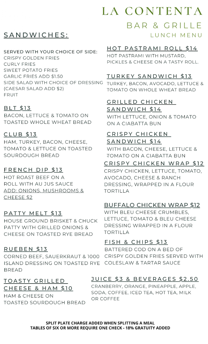 Vista Grill At La Contenta menu board