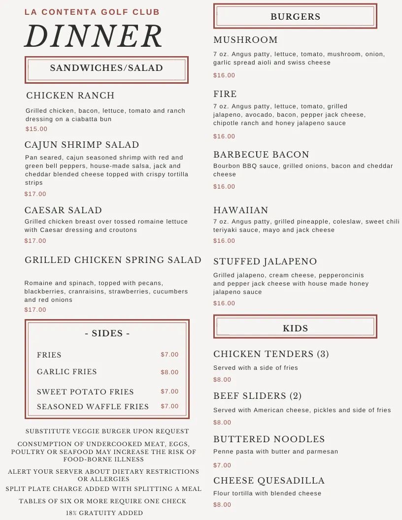 Vista Grill At La Contenta menu board
