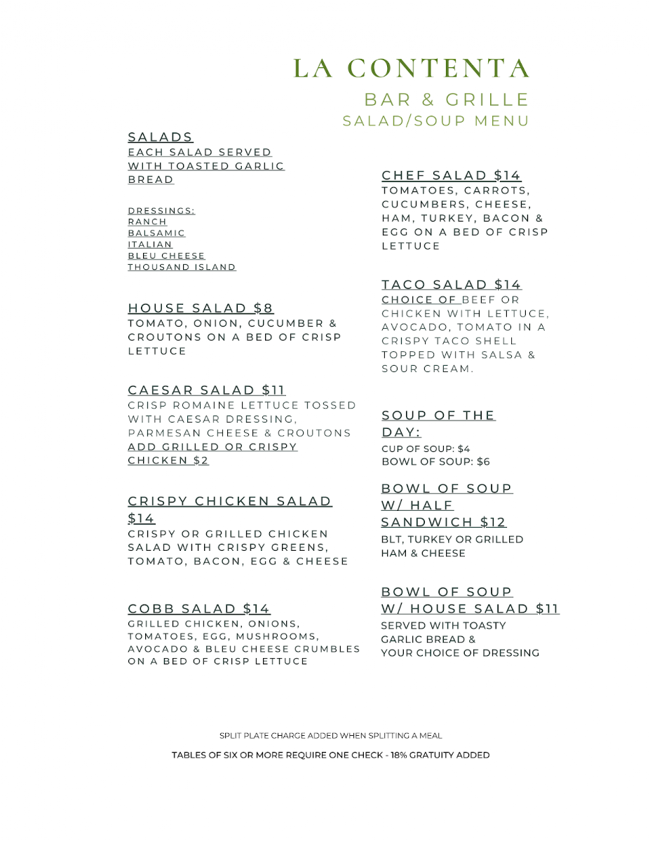 Vista Grill At La Contenta menu board