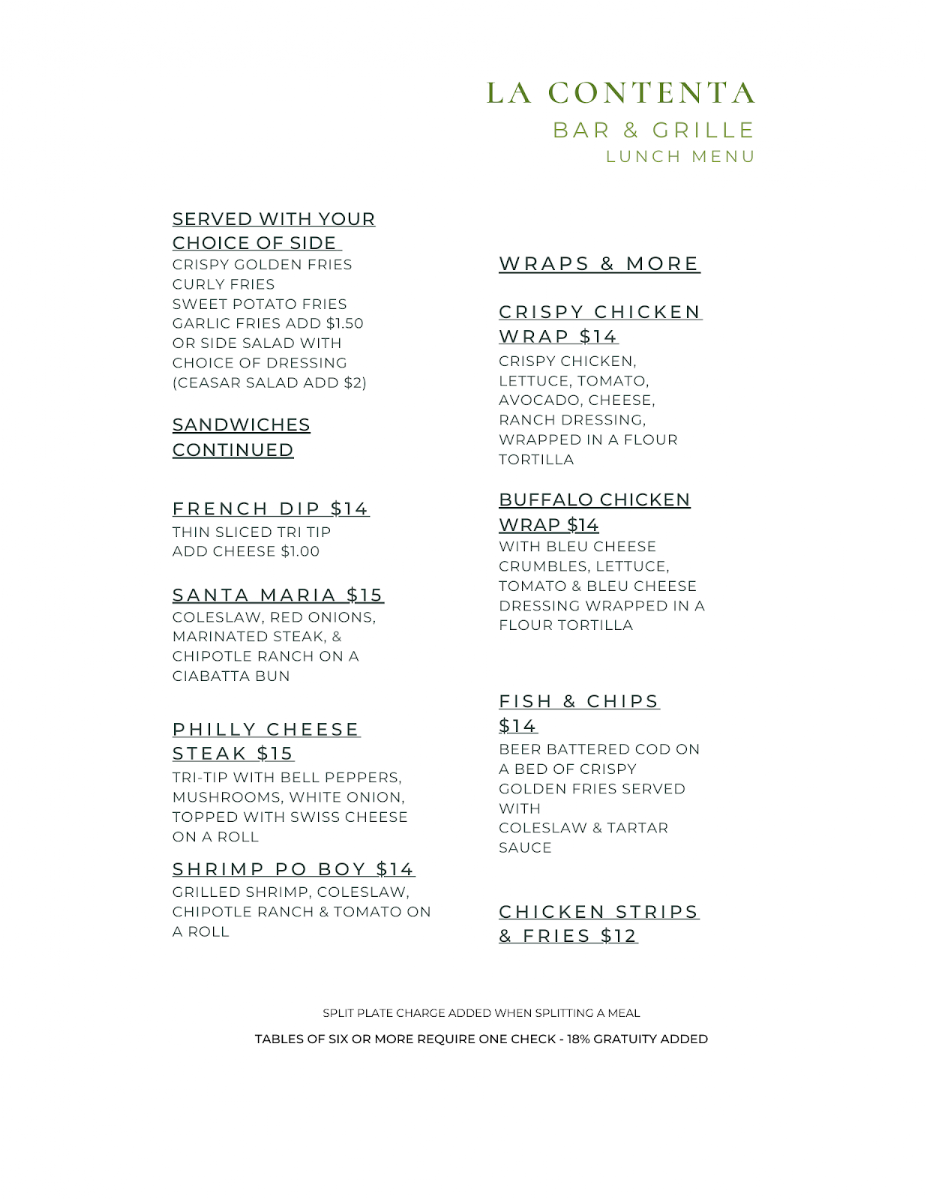 Vista Grill At La Contenta menu board