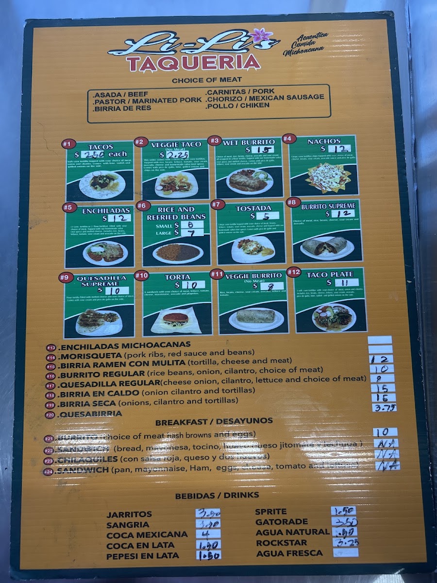 Li-Li’s Taqueria menu board